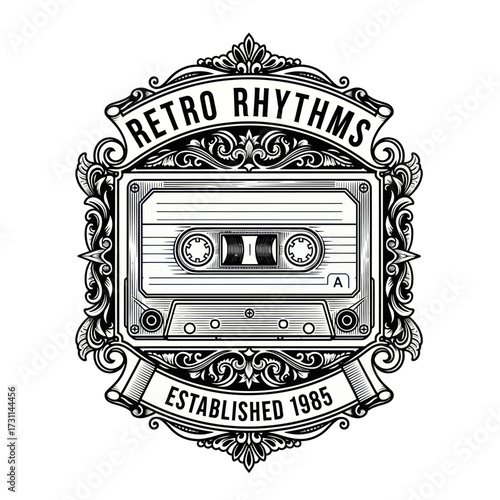 Black and white vintage audio cassette tape in an ornate frame with 'Retro Rhythms' and 'Established 1985' text, evoking a nostalgic music theme.