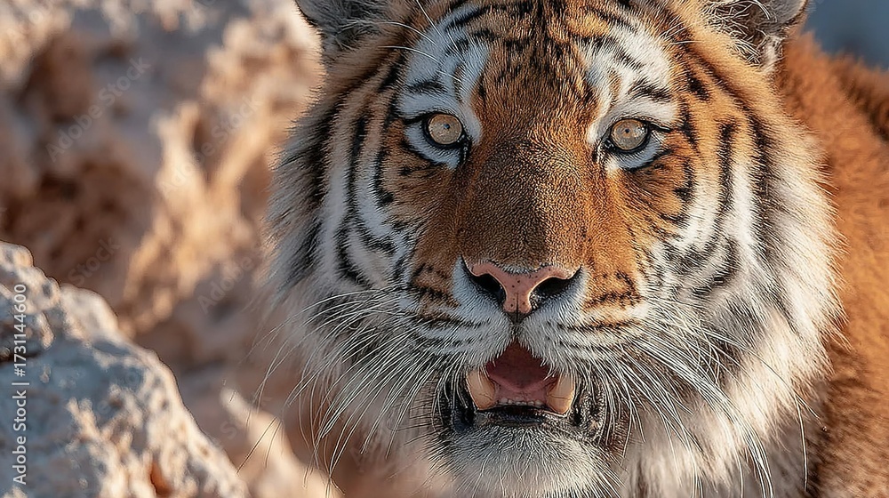 Fototapeta premium Tiger close-up with open mouth showing teeth in a rocky environment.