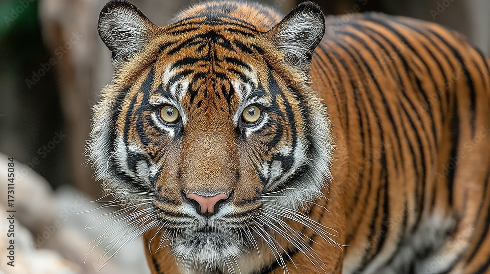 Fototapeta premium Tiger portrait close up showing face and stripes in natural outdoor setting.