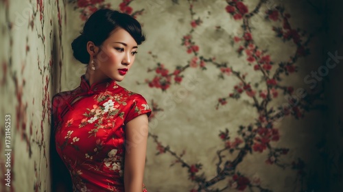 Asian Woman in Traditional Cheongsam Dress