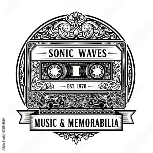 Intricate black and white illustration featuring a cassette tape design with ornate floral details and text.