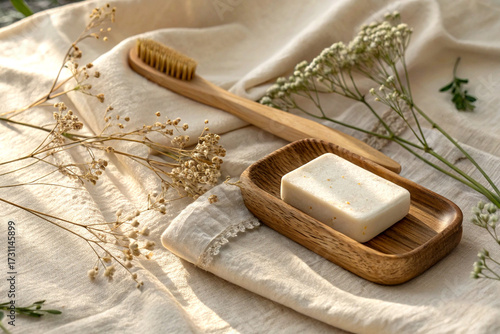 Wooden toothbrush and soap dish on linen with dried florals