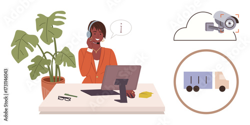 Woman wearing headset at desk with computer, surrounded by truck and cloud camera icons, plant, glasses. Ideal for customer service, logistics, technology, security, remote communication business