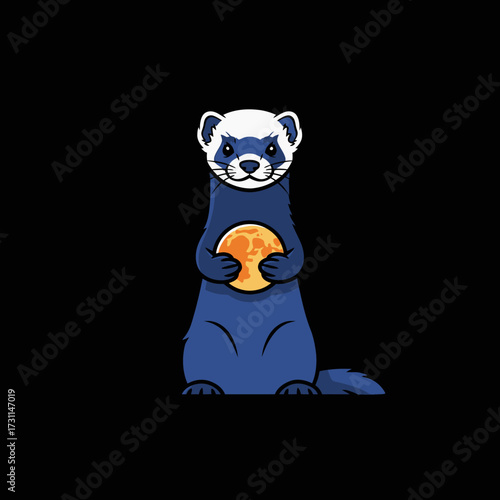 A cute cartoon blue ferret with a white head holding a small orange moon or ball, depicted against a solid black background.