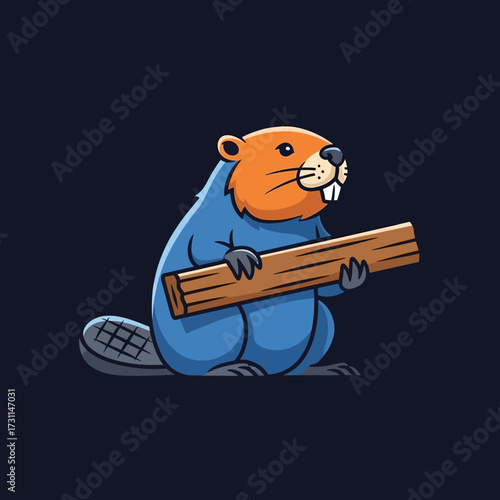 Cartoon illustration of a beaver holding a wooden log, with a blue body and orange head.