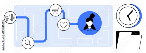 User flow path with marketing-related icons, customer profile, clock, and folder. Ideal for user experience, customer behavior, digital marketing, time management, process planning strategy simple