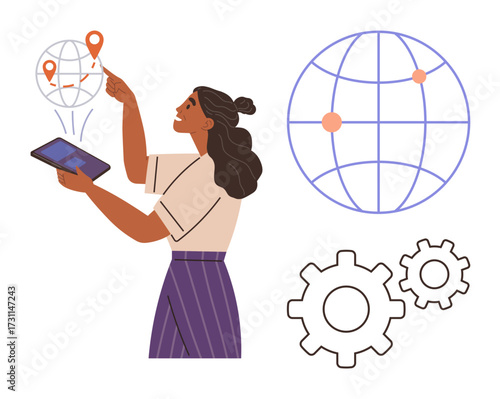 Woman interacts with tablet, points at map markers, globe, gears symbols nearby. Ideal for technology, business workflow, global communication, digital strategy, data management innovation