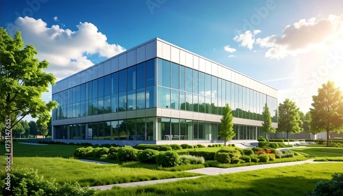 Modern glass office building on a sunny day, surrounded by landscaping
