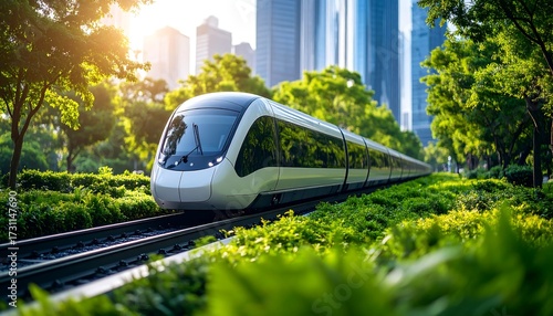 Modern train glides through a vibrant urban park