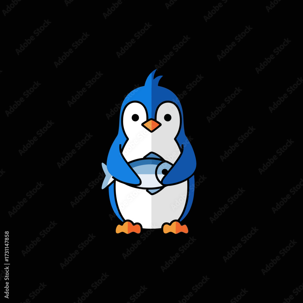 Obraz premium A cute cartoon penguin holding a fish in its flippers, with a black background.