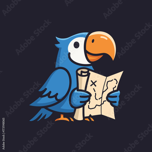 A cute blue cartoon parrot with an orange beak happily holding and examining a rolled-out treasure map on a dark background.