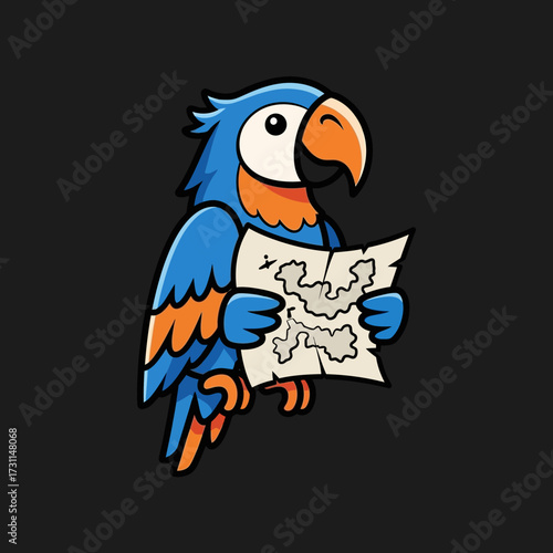 Cartoon parrot with blue and orange feathers holding a treasure map, smiling and winking.