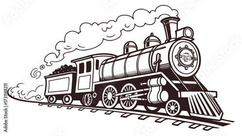 Vector illustration of a moving retro steam locomotive isolated on white background