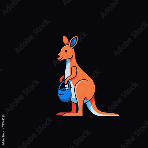 A cartoon illustration of a friendly orange kangaroo holding a blue bucket against a solid black background.