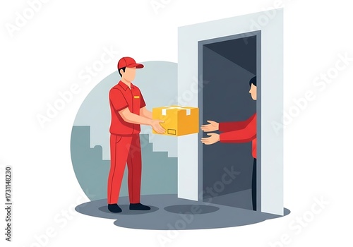 Delivery man giving parcel box to client flat vector
