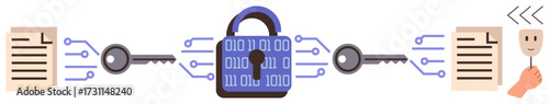 Digital lock surrounded by binary code connects two keys and documents, illustrating data encryption and secure file sharing. Ideal for cybersecurity, network security, privacy, cryptography, data