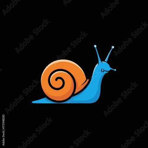 A cute cartoon snail with a blue body and a vibrant orange spiral shell, illustrated in a simple vector style on a black background.
