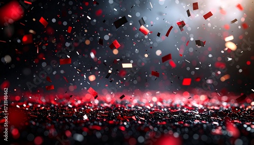 Celebratory Confetti: An explosion of vibrant red confetti rains down against a backdrop of sparkling black, symbolizing celebration, joy, and the exhilarating spirit of special occasions.