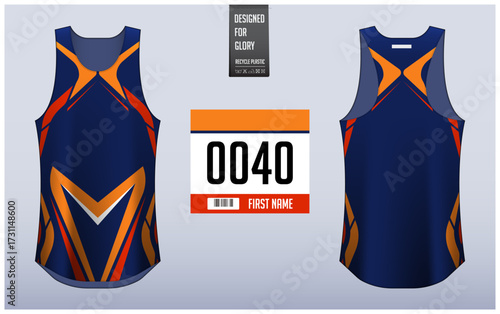 Running shirt design template, Tank top jersey mockup for athlete. Running singlet pattern. Uniform front view back view.