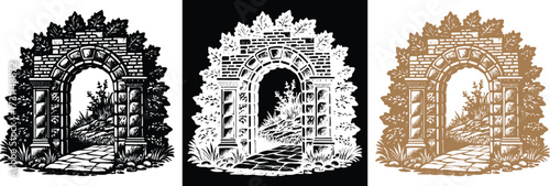 Elegant garden archway design element with rustic brick and lush greenery, perfect for adding vintage charm to your creative projects