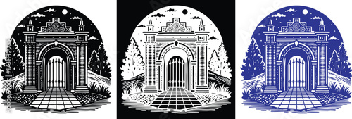 Enchanting gate design for captivating storybooks and fairytale illustrations, available in black, white, and blue to add whimsy and elegance to your project