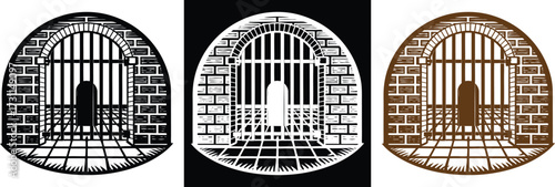 Mysterious jail cell with barred door, vintage art for a spooky, unique design, prison backdrop ideal for Halloween themes and gothic concepts