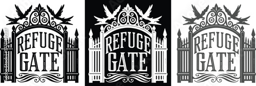 Unique refuge gate design with flying birds for creative projects, ideal for logos, invitations, and apparel with a vintage or gothic style