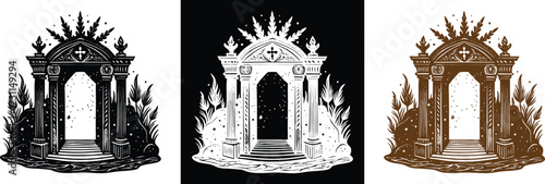 Three versions of an ornate gate leading to a starry realm, perfect for fantasy book covers, mystical designs, and evocative storytelling projects