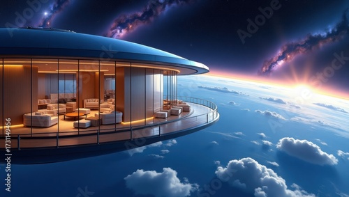 Wallpaper Mural Orbital hotel suspended above a blue planet, glass-walled lounges offering a view of distant nebulae Torontodigital.ca