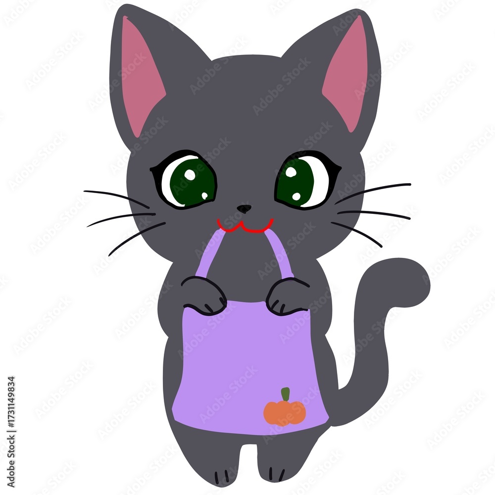 Fototapeta premium Trick or Treat の袋を持つ黒猫