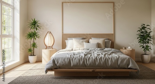Wallpaper Mural Minimal Scandinavian bedroom with wooden bed and natural light Torontodigital.ca