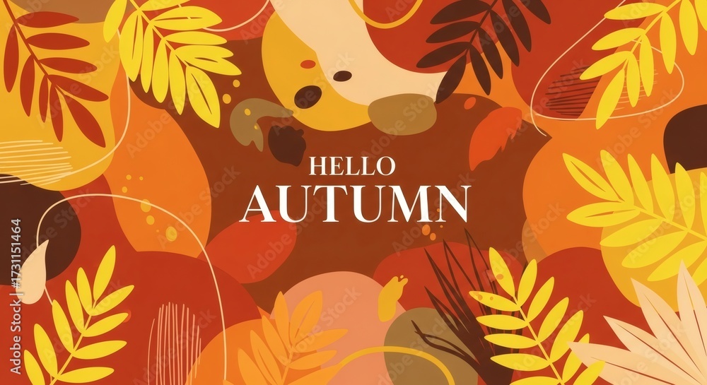 Naklejka premium Trendy Abstract Autumn Poster: Art Style Cover, Card with Bright Leaves & Plants, Fall Background, Sale Banner, Flyer Design, Advertising Template, Web, Social Media.