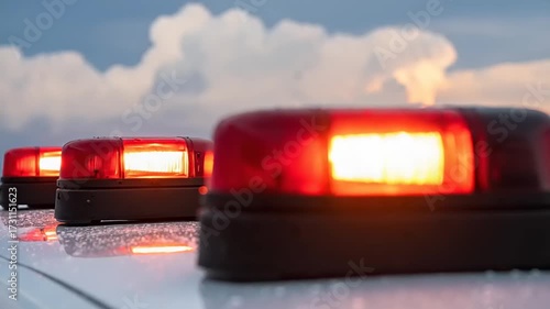 Emergency vehicle rooftop detail with flashing red and white lights