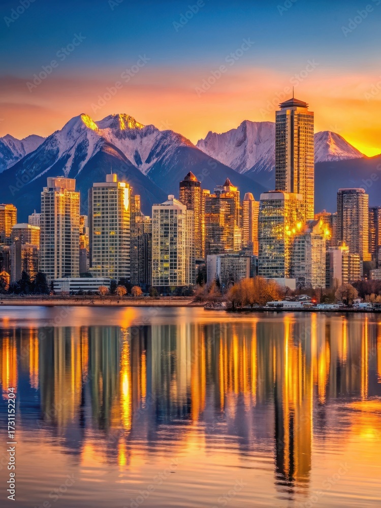 Naklejka premium Cityscape at sunset with mountains and water