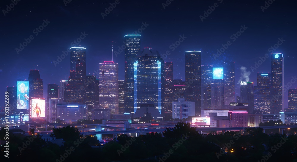 Obraz premium Nighttime urban skyline with illuminated buildings against a dark blue sky