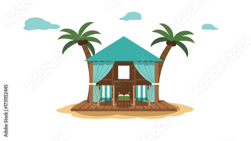 Tropical Beach Hut with Palm Trees and Curtains on Island