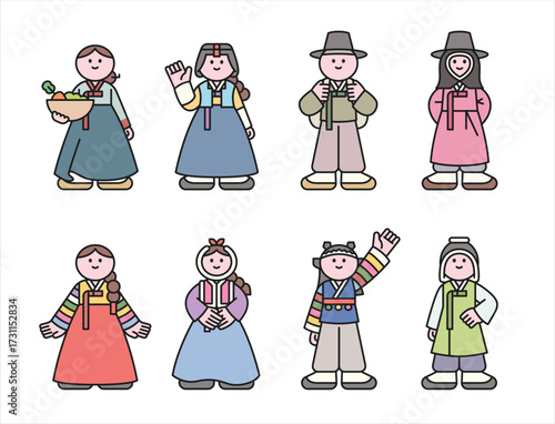 Cute characters in Joseon era hanbok winter costumes with fur clothing, fur hats, and traditional accessories.