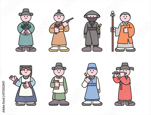 Cute illustration of Korean people in traditional hanbok costumes representing various historical roles and occupations.