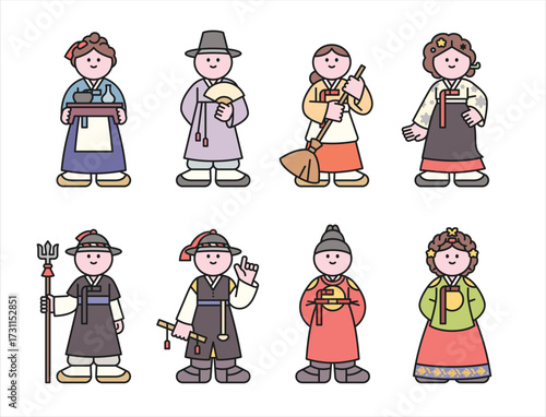Cute characters in traditional Korean hanbok costumes showing various historical roles and occupations.
