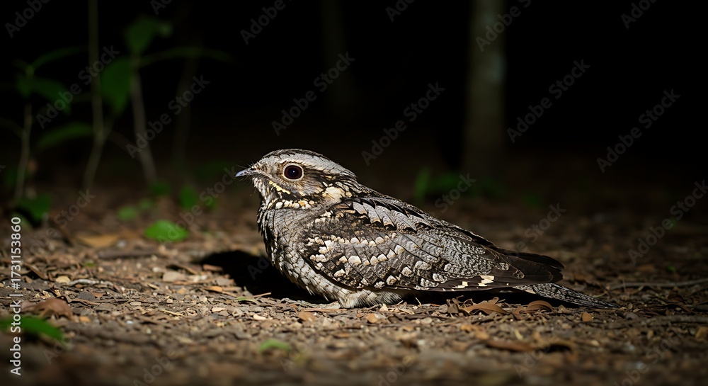 Obraz premium Nocturnal bird camouflaged on forest floor with brown feathers and red eyes