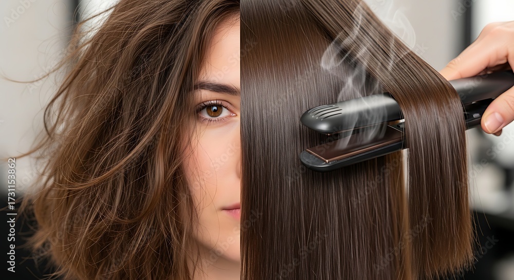 Fototapeta premium Split image showing frizzy hair being straightened with a steam flat iron