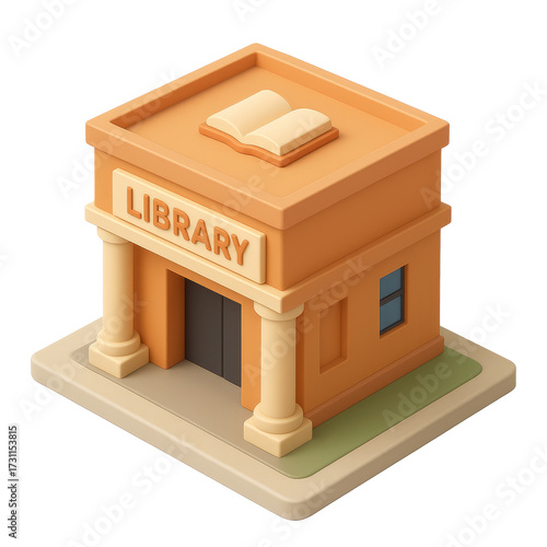 STYLE Icon 3D render, Isometric style of Library – Columns, wide entrance, books motif on facade. isolated on a transparent background