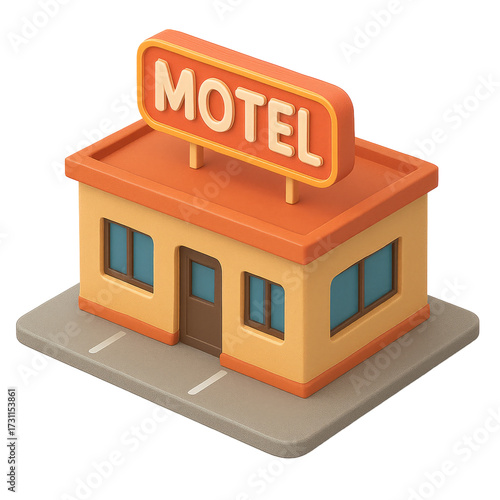 STYLE Icon 3D render, Isometric style of Motel – Roadside, simple, neon sign, parking lot. isolated on a transparent background
