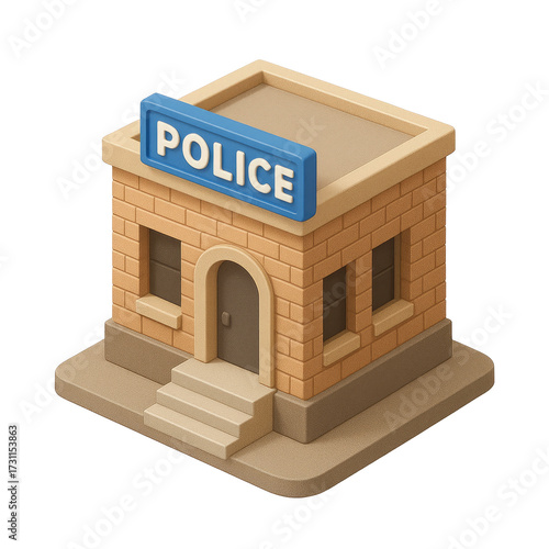 STYLE Icon 3D render, Isometric style of Police Station – Brick or concrete, blue signage, front steps. isolated on a transparent background