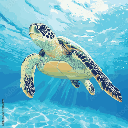Underwater view of a graceful sea turtle swimming through clear blue ocean waters. , vector style simple color