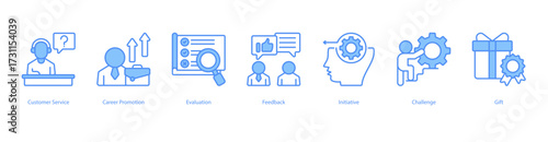 Employee Engagement Program blue banner web icon set vector illustration concept with icon of customer service, career promotion, evaluation, feedback, initiative, challenge, gift
