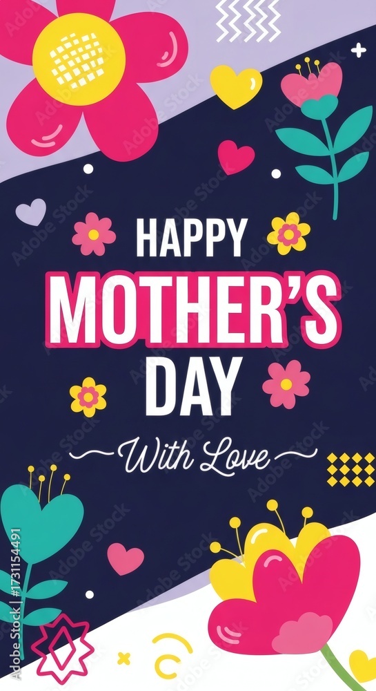 Naklejka premium Trendy Mother's Day Card: Banner, Poster, Flyer, Label, Cover with Flowers Frame, Abstract Floral Pattern in Mid-Century Art Style, Spring Summer Bright Design Template.