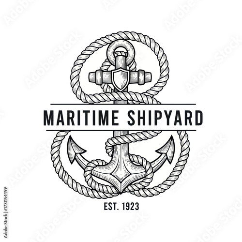 Vintage maritime shipyard logo with anchor and rope, established in 1923.