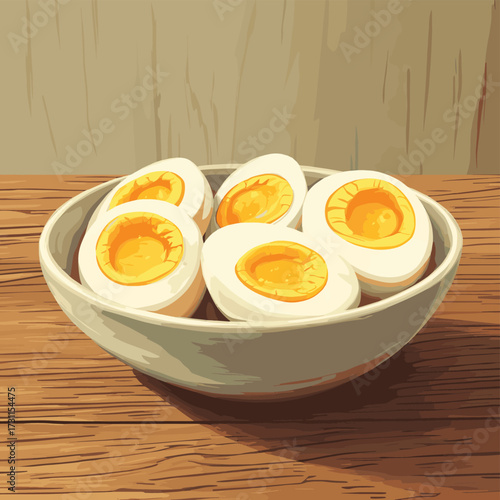 Bowl filled with halved hard boiled eggs resting on a rustic wooden table exuding comforting warmth and homey vibes. , vector style simple color