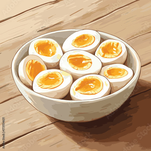 Bowl filled with halved hard boiled eggs resting on a rustic wooden table exuding comforting warmth and homey vibes. , vector style simple color